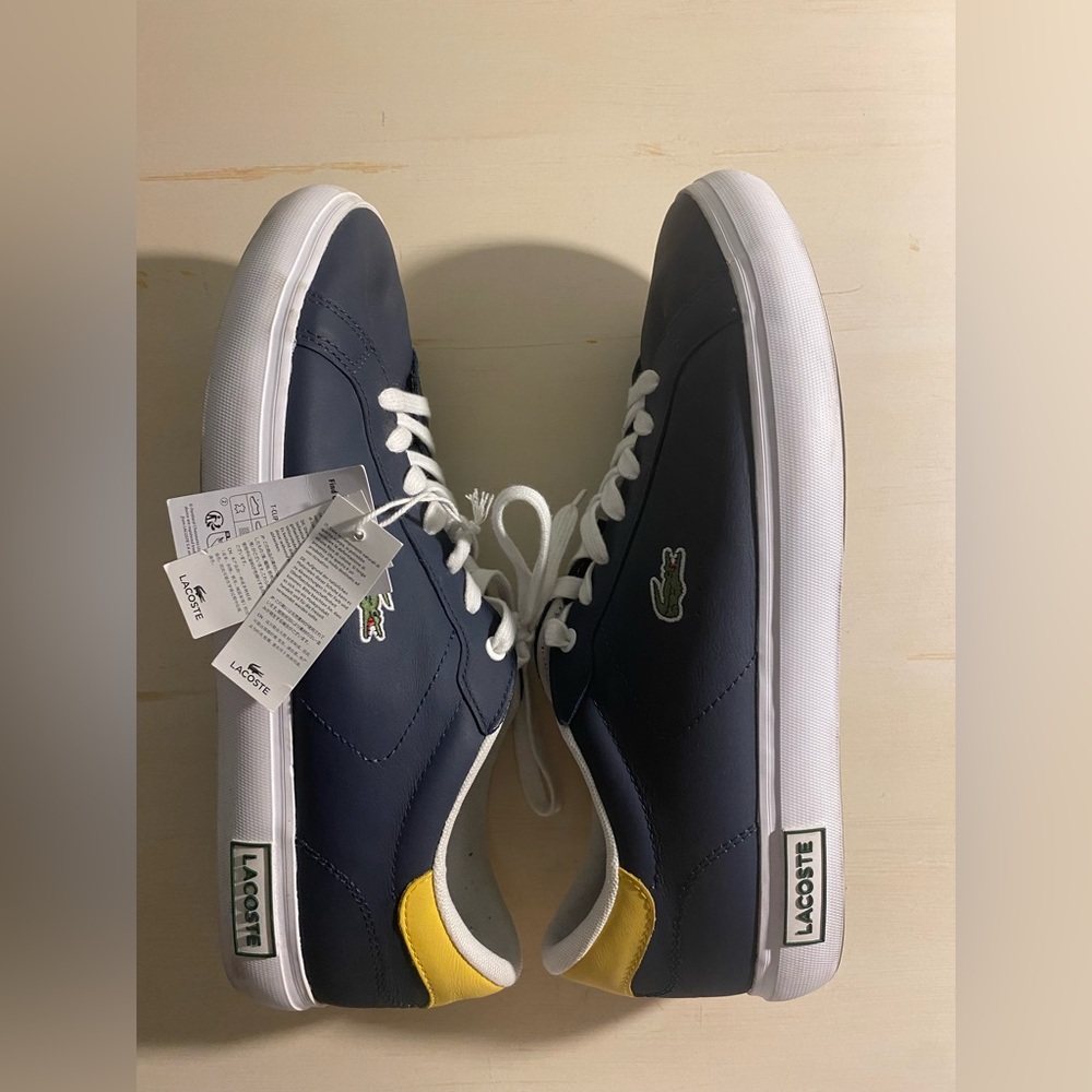 Lacoste Navy, Yellow, Red and White Low-Top Powercourt Sneakers NWT